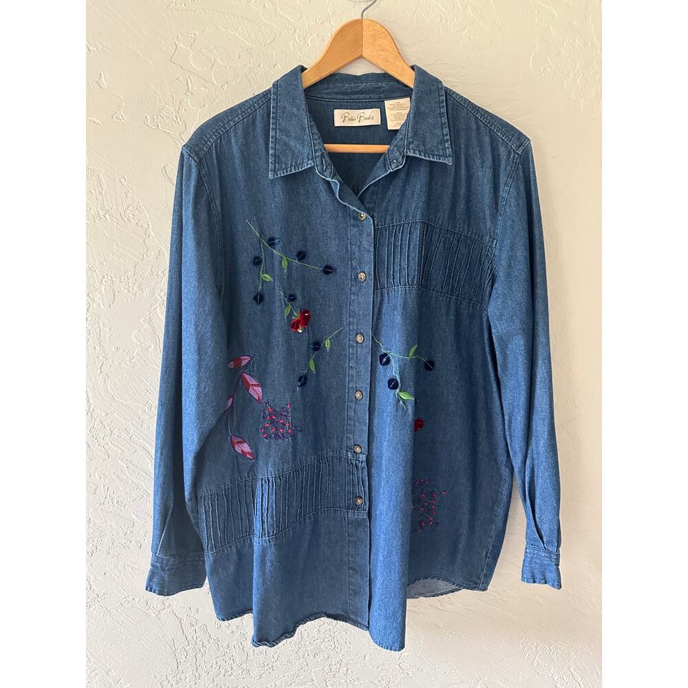 BOBBIE BROOKS Womens 100% Cotton Embroidered Long Sleeve Denim Blue Shirt XL